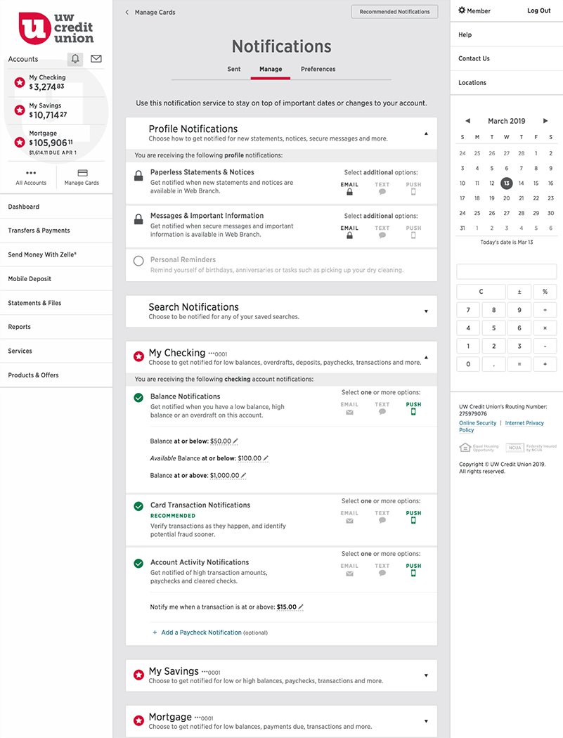 Online Banking - Manage Notifications - Desktop